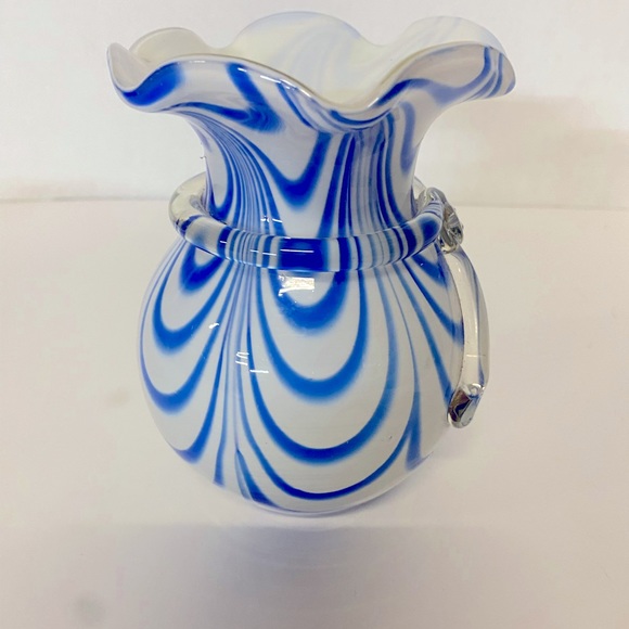 Murano Style Art Glass Vase Blue & White Swirl Rim Vase Ruffled Edge - Picture 4 of 9